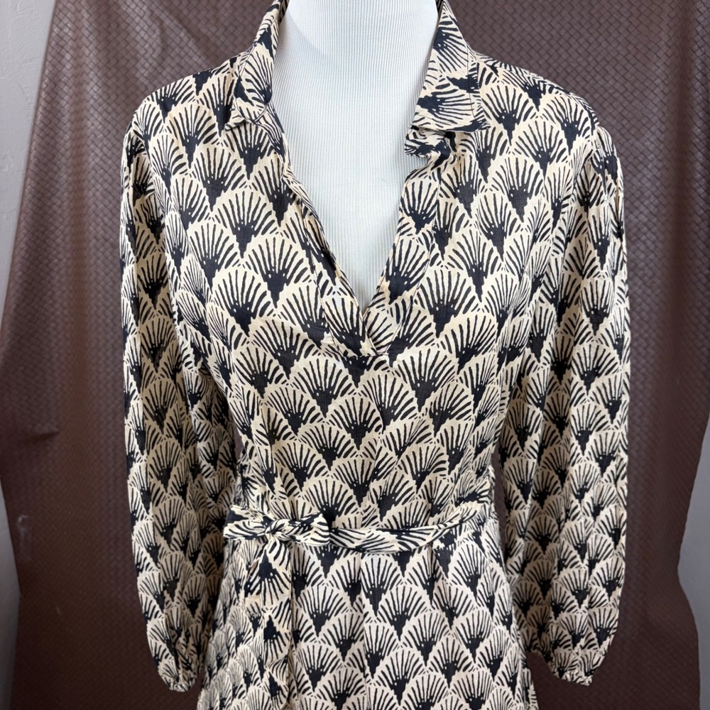 Sumitra Tan Black Fan Print Midi Dress Long Sleeve Belted V-Neck Free Size Spain